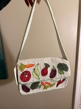Beaded Vegetable Print Shoulder Bag - Cream/Green